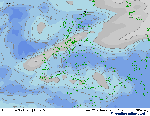 RH 3000-6000 m GFS mer 25.09.2024 21 UTC