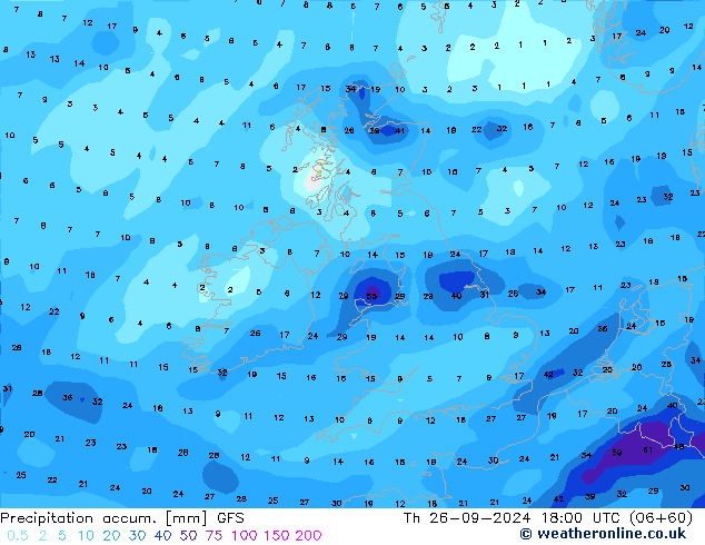 Precipitation accum. GFS Th 26.09.2024 18 UTC