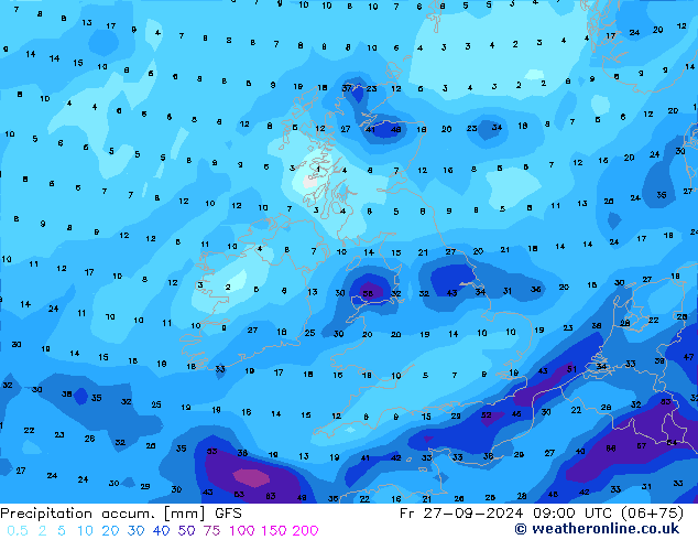 Precipitation accum. GFS Fr 27.09.2024 09 UTC