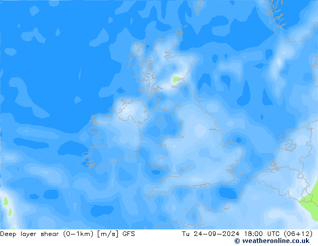 Deep layer shear (0-1km) GFS Tu 24.09.2024 18 UTC