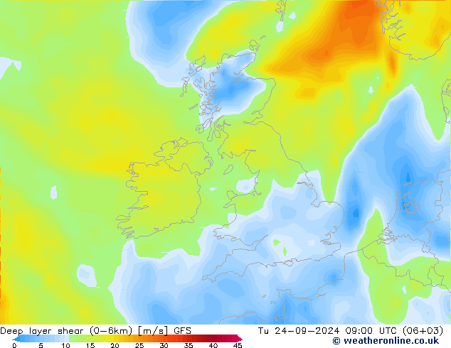 Deep layer shear (0-6km) GFS Tu 24.09.2024 09 UTC