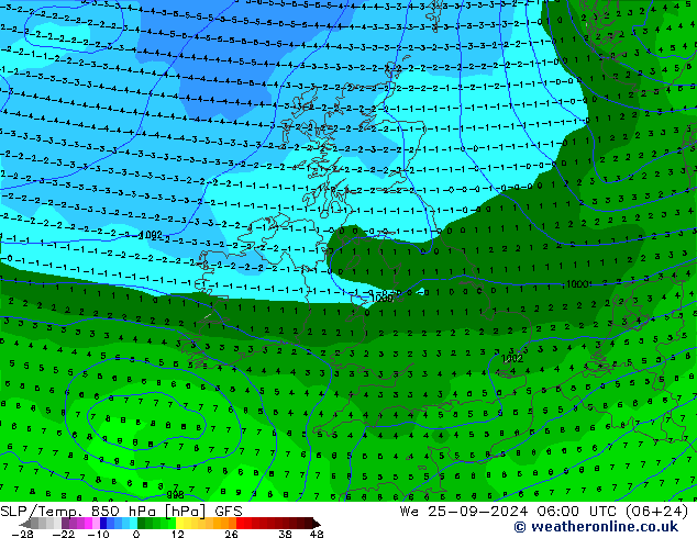 SLP/Temp. 850 hPa GFS mer 25.09.2024 06 UTC