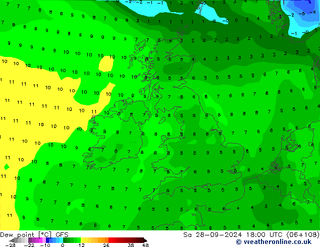 Punto di rugiada GFS sab 28.09.2024 18 UTC