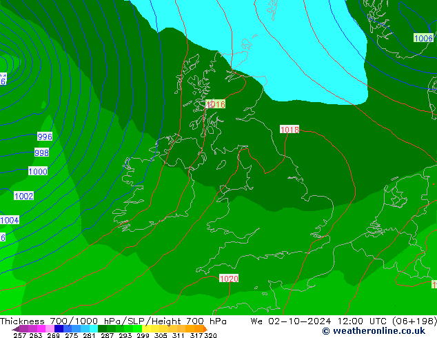 Thck 700-1000 hPa GFS mer 02.10.2024 12 UTC