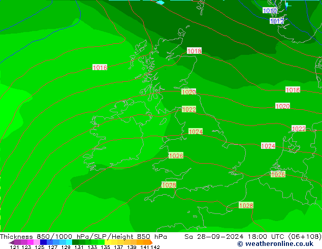 Thck 850-1000 hPa GFS sam 28.09.2024 18 UTC