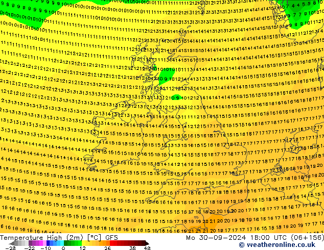 température 2m max GFS lun 30.09.2024 18 UTC