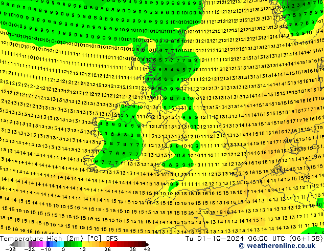 Temp. massima (2m) GFS mar 01.10.2024 06 UTC