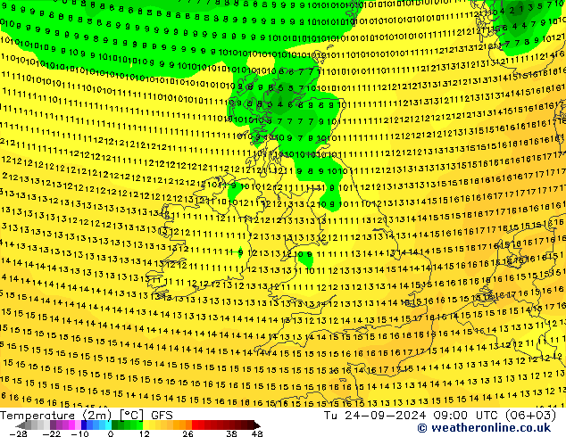 Temperatuurkaart (2m) GFS di 24.09.2024 09 UTC