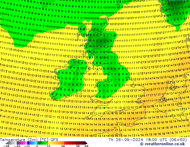 Temperatuurkaart (2m) GFS do 26.09.2024 18 UTC