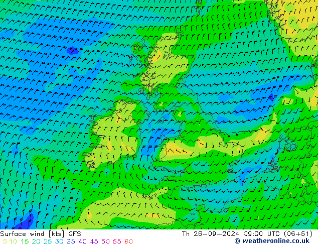 Surface wind GFS Čt 26.09.2024 09 UTC