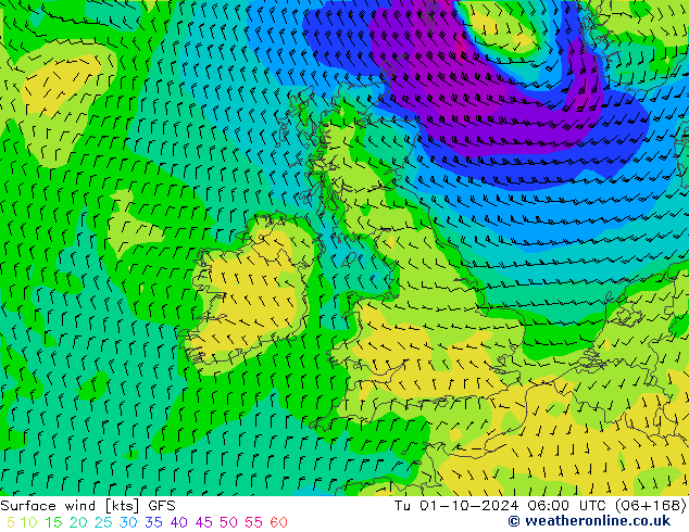 Surface wind GFS Tu 01.10.2024 06 UTC