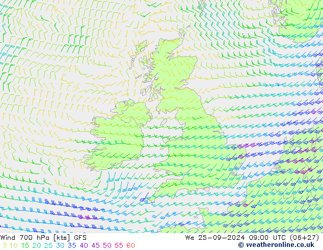 Wind 700 hPa GFS We 25.09.2024 09 UTC