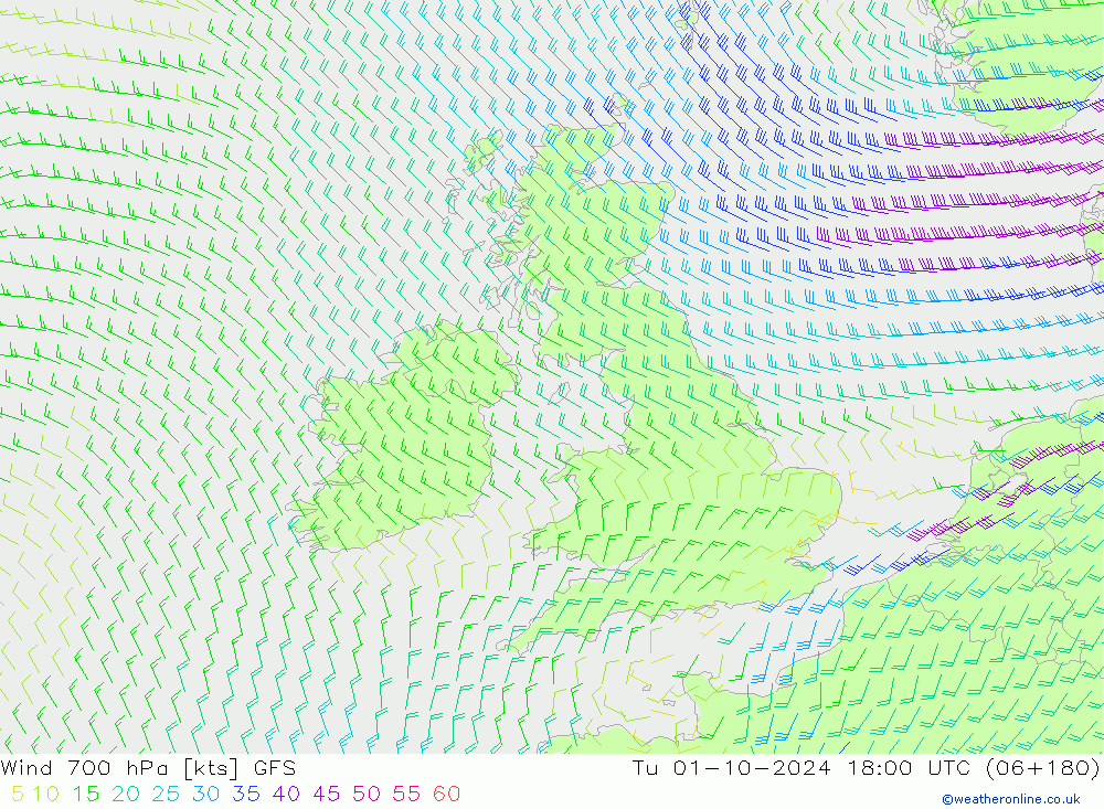 wiatr 700 hPa GFS wto. 01.10.2024 18 UTC