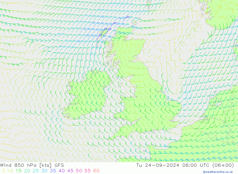 Wind 850 hPa GFS Út 24.09.2024 06 UTC