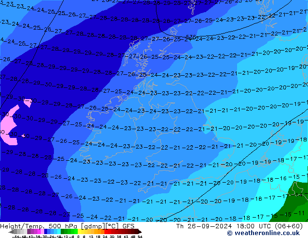 Hoogte/Temp. 500 hPa GFS do 26.09.2024 18 UTC