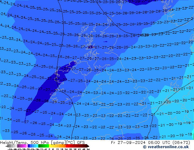 Z500/Rain (+SLP)/Z850 GFS пт 27.09.2024 06 UTC