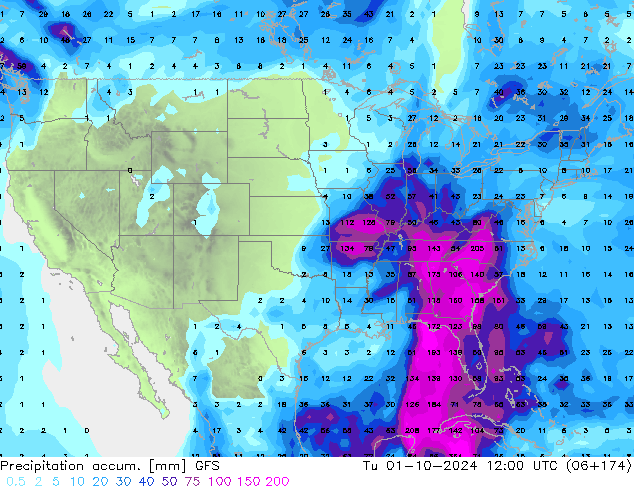 Precipitation accum. GFS Út 01.10.2024 12 UTC