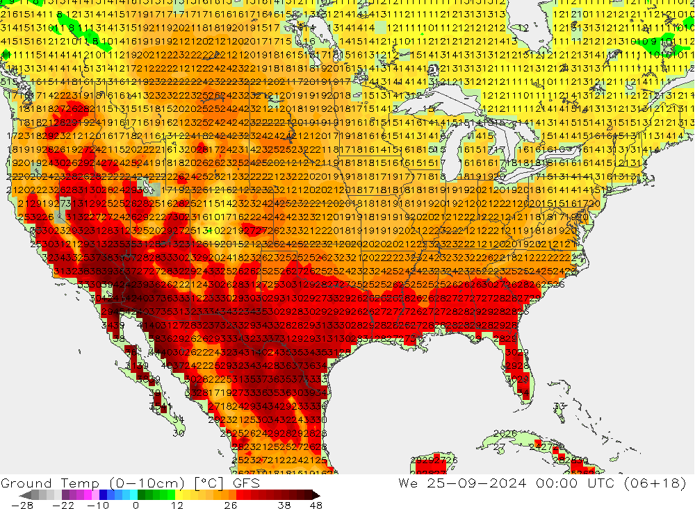 Topraküstü en düşük Sıc. GFS Çar 25.09.2024 00 UTC