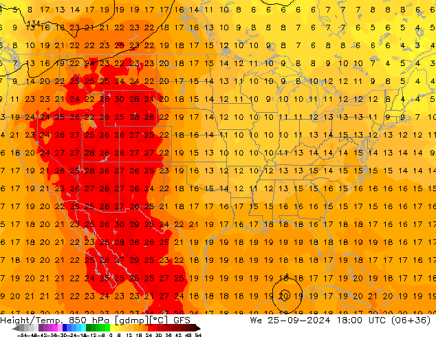 Height/Temp. 850 hPa GFS mer 25.09.2024 18 UTC