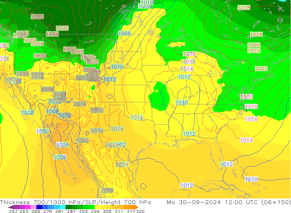 Thck 700-1000 hPa GFS lun 30.09.2024 12 UTC