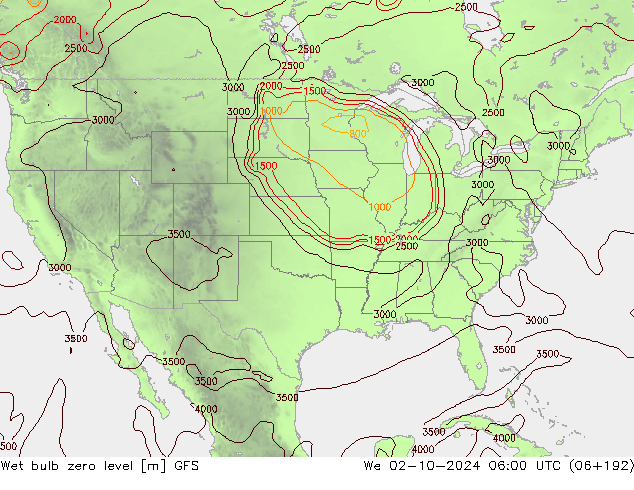 Wet bulb zero level GFS We 02.10.2024 06 UTC