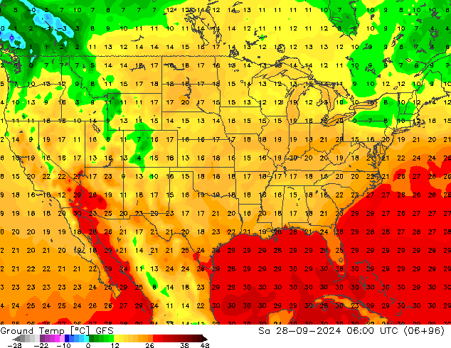 Temp. al suolo GFS sab 28.09.2024 06 UTC