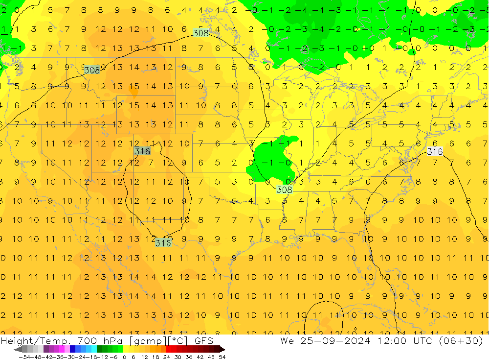 Height/Temp. 700 hPa GFS St 25.09.2024 12 UTC