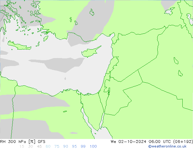 RH 300 hPa GFS We 02.10.2024 06 UTC