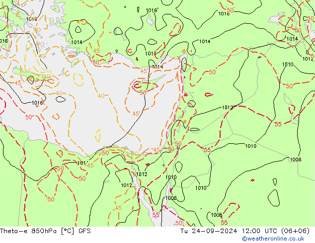 Theta-e 850hPa GFS Tu 24.09.2024 12 UTC