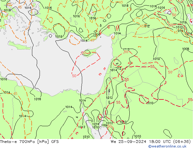 Theta-e 700hPa GFS We 25.09.2024 18 UTC