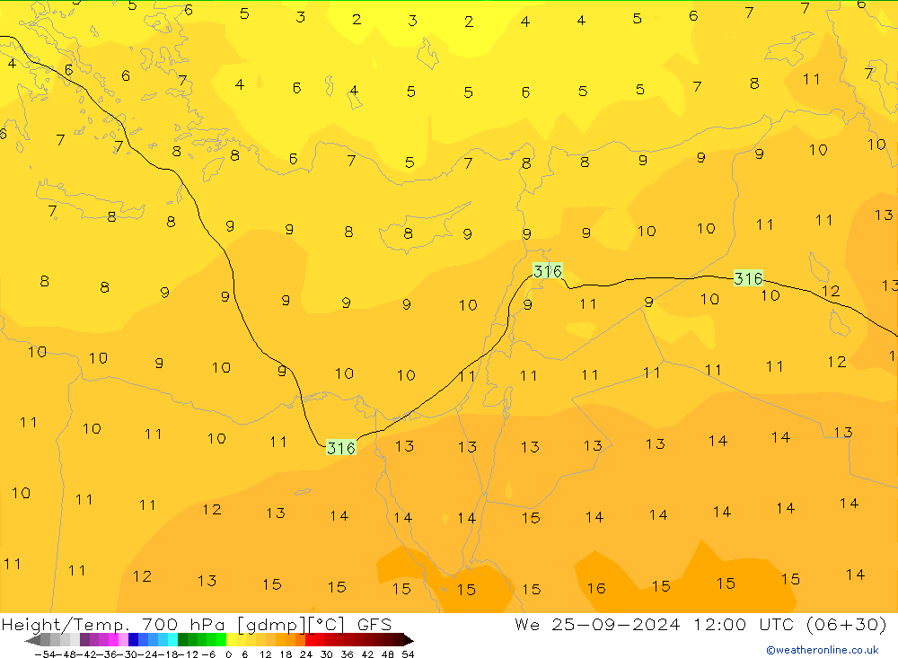 Height/Temp. 700 гПа GFS ср 25.09.2024 12 UTC