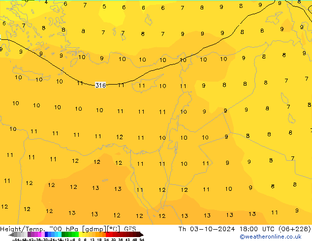 Height/Temp. 700 hPa GFS gio 03.10.2024 18 UTC