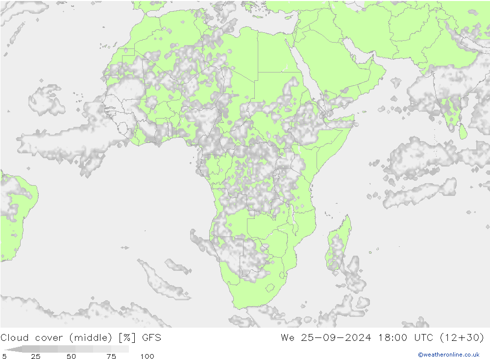 Bewolking (Middelb.) GFS wo 25.09.2024 18 UTC