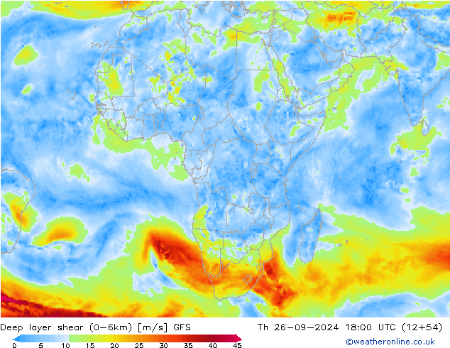 Deep layer shear (0-6km) GFS czw. 26.09.2024 18 UTC