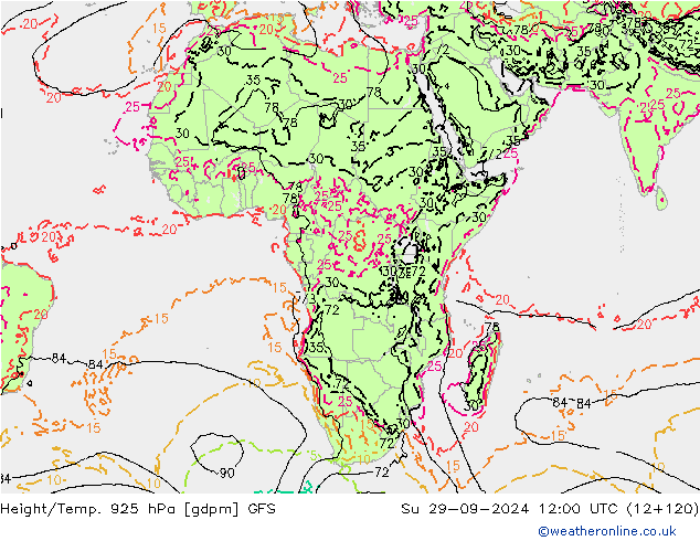 Yükseklik/Sıc. 925 hPa GFS Paz 29.09.2024 12 UTC