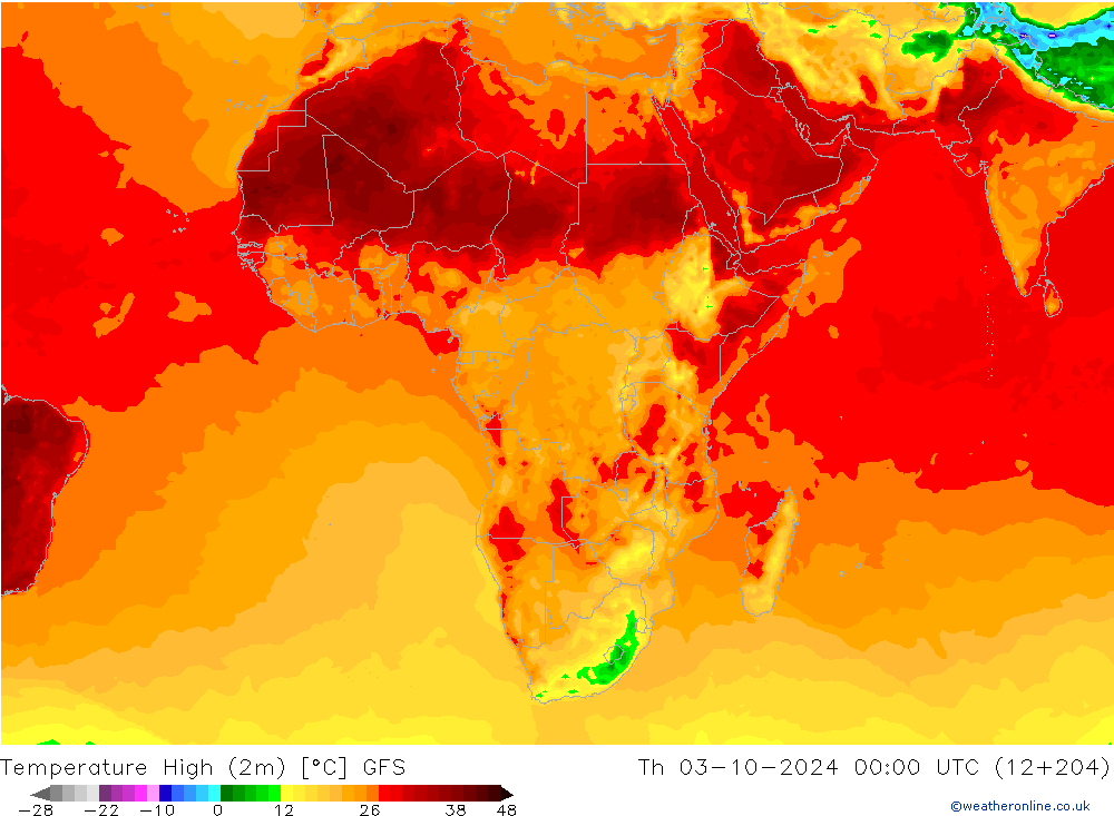 temperatura máx. (2m) GFS Qui 03.10.2024 00 UTC