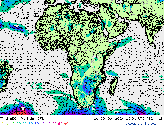 Wind 850 hPa GFS zo 29.09.2024 00 UTC