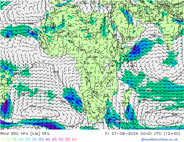 Vento 950 hPa GFS ven 27.09.2024 00 UTC