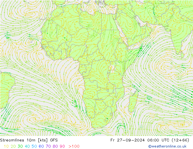 Ligne de courant 10m GFS ven 27.09.2024 06 UTC