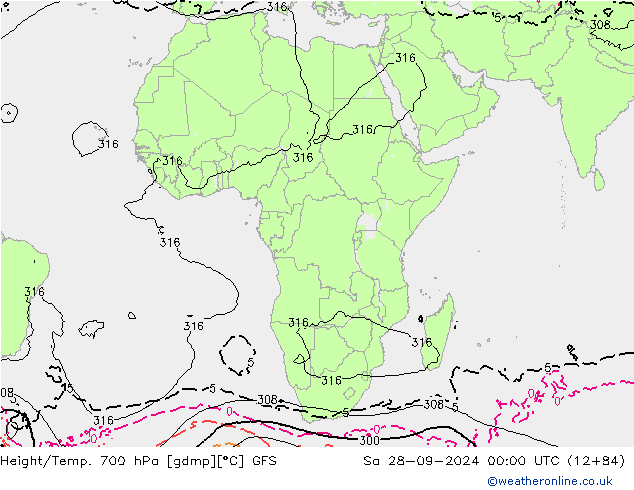 Height/Temp. 700 гПа GFS сб 28.09.2024 00 UTC