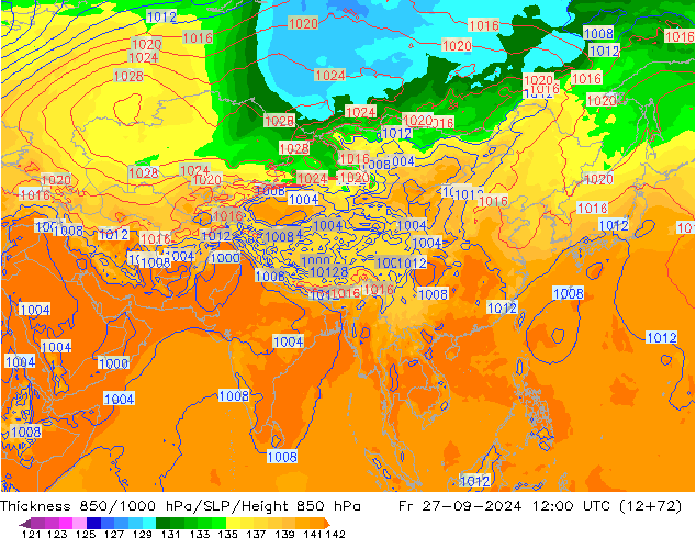 Thck 850-1000 hPa GFS pt. 27.09.2024 12 UTC