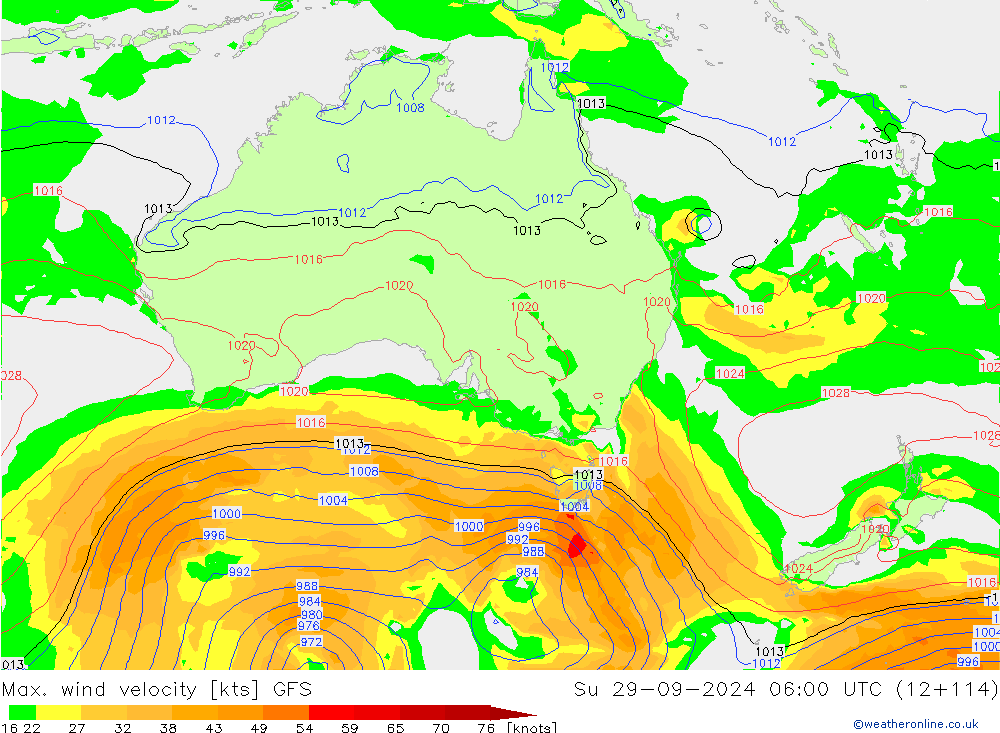 Max. wind velocity GFS Su 29.09.2024 06 UTC