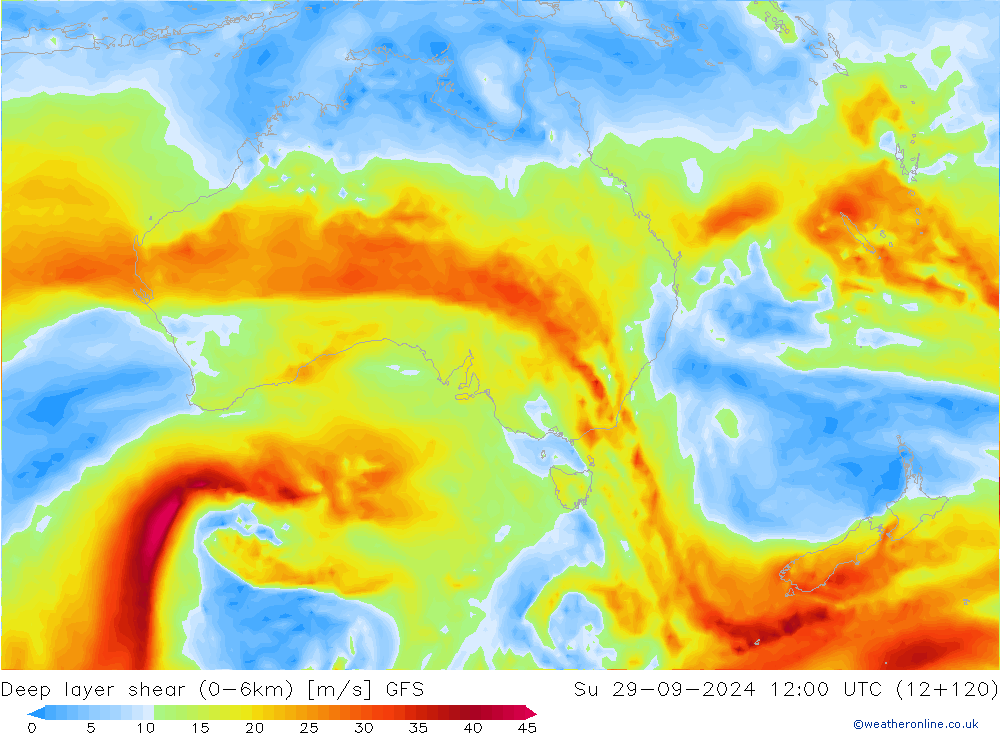 Deep layer shear (0-6km) GFS Ne 29.09.2024 12 UTC