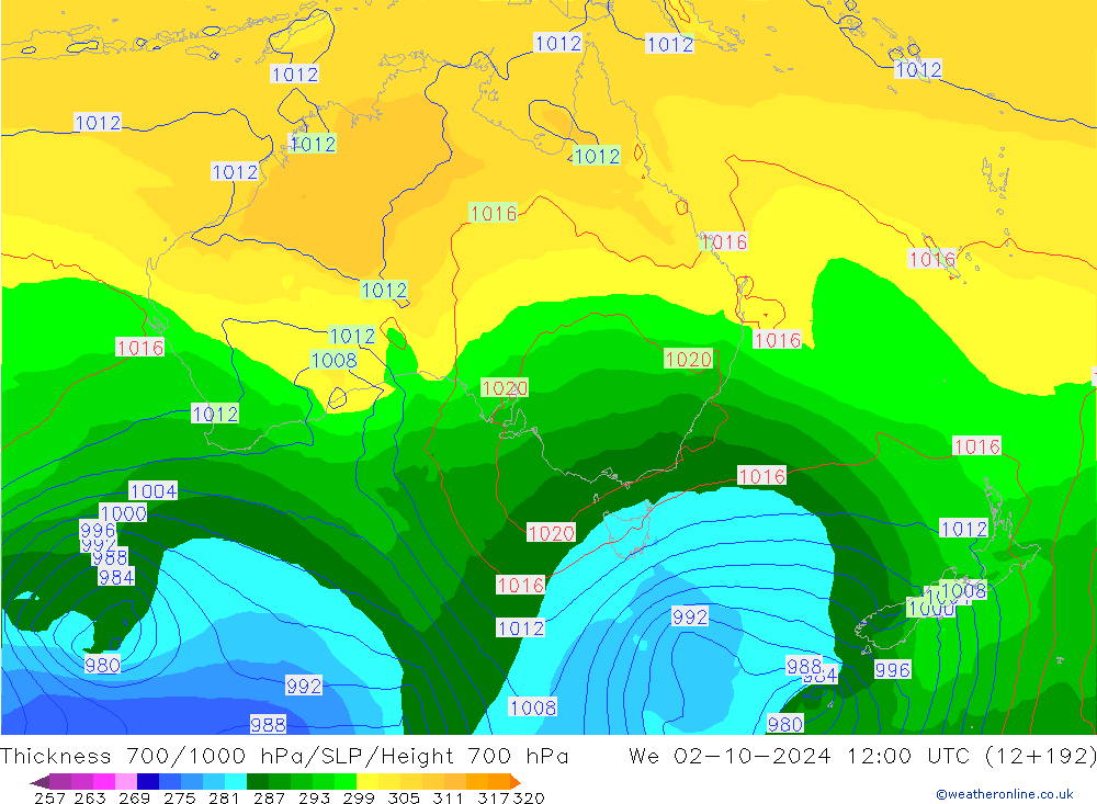 Thck 700-1000 hPa GFS mer 02.10.2024 12 UTC