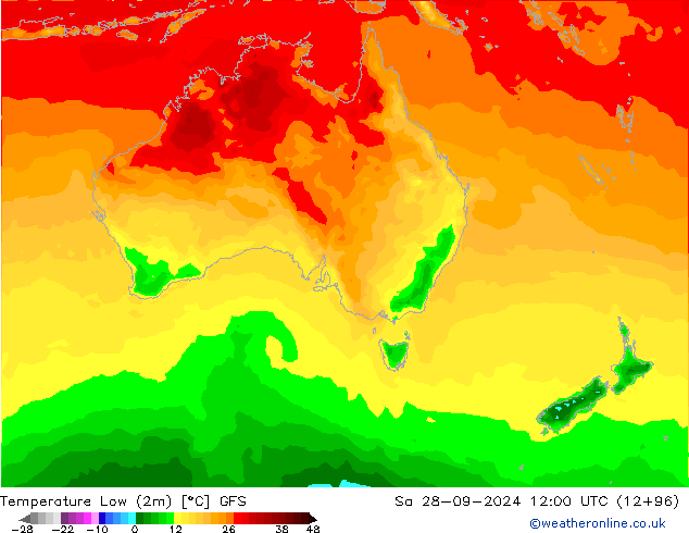 temperatura mín. (2m) GFS Sáb 28.09.2024 12 UTC