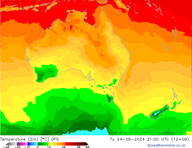 Temperaturkarte (2m) GFS Di 24.09.2024 21 UTC