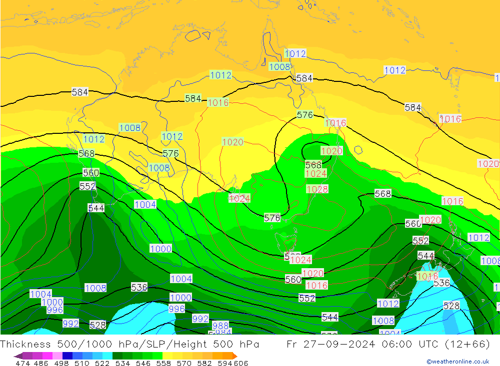 Dikte 500-1000hPa GFS vr 27.09.2024 06 UTC