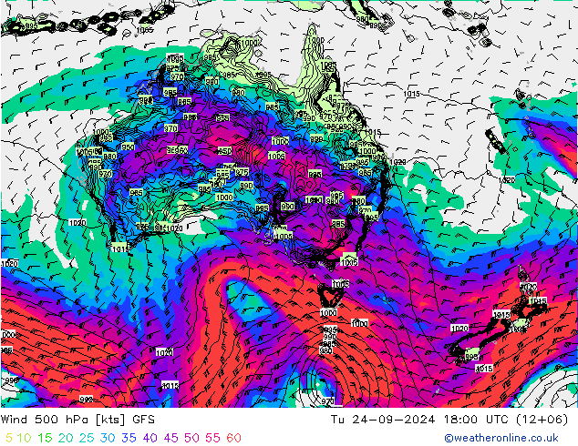 Wind 500 hPa GFS Út 24.09.2024 18 UTC