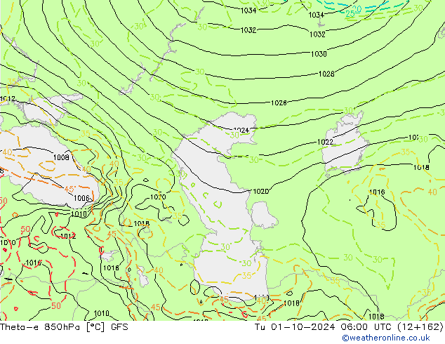 Theta-e 850hPa GFS Sa 01.10.2024 06 UTC