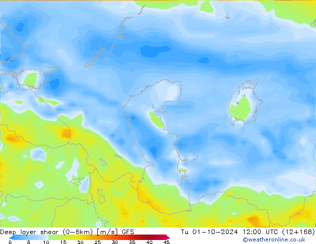 Deep layer shear (0-6km) GFS Di 01.10.2024 12 UTC